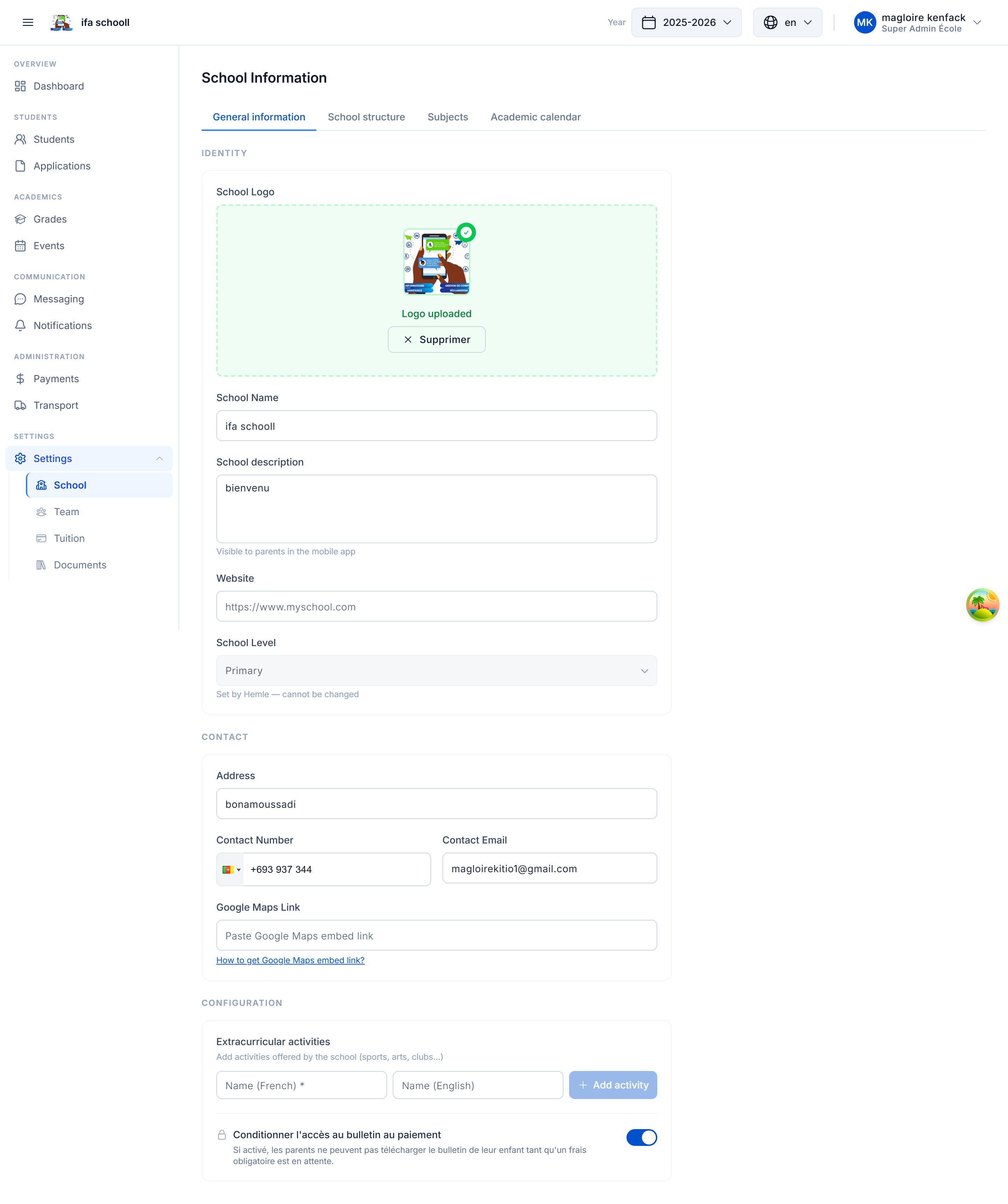 School profile β General settings