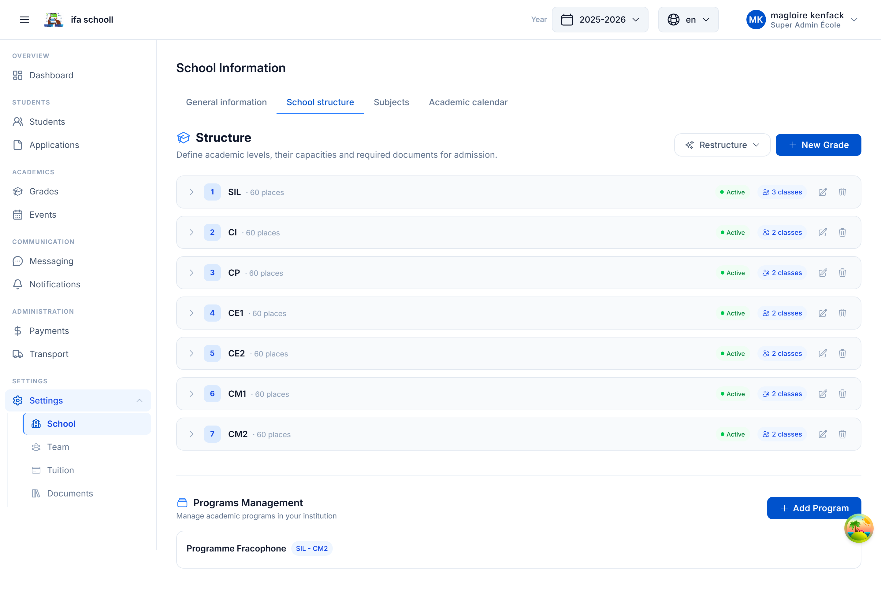 School structure — Levels, classes and subjects