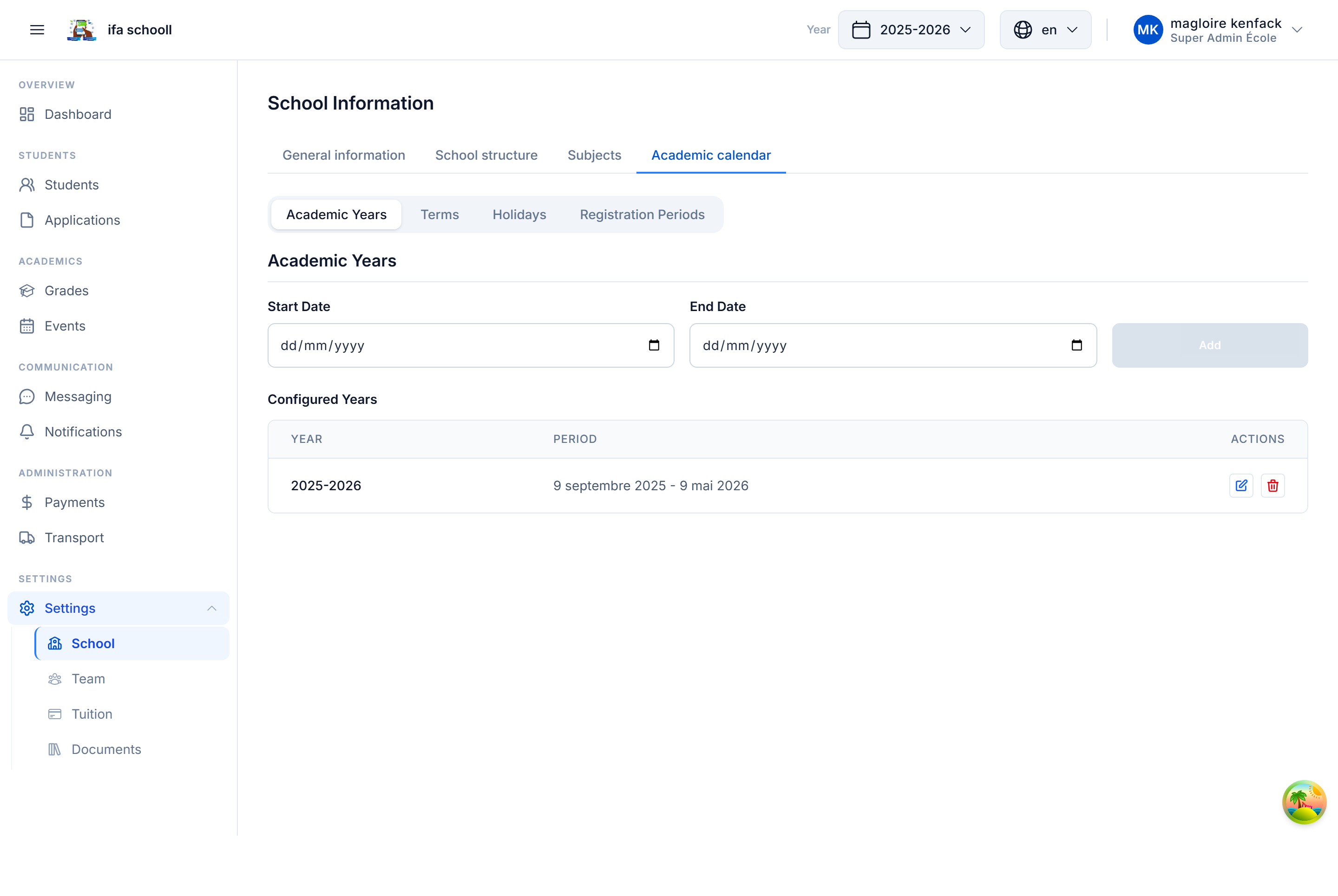 Calendar โ Academic years and terms