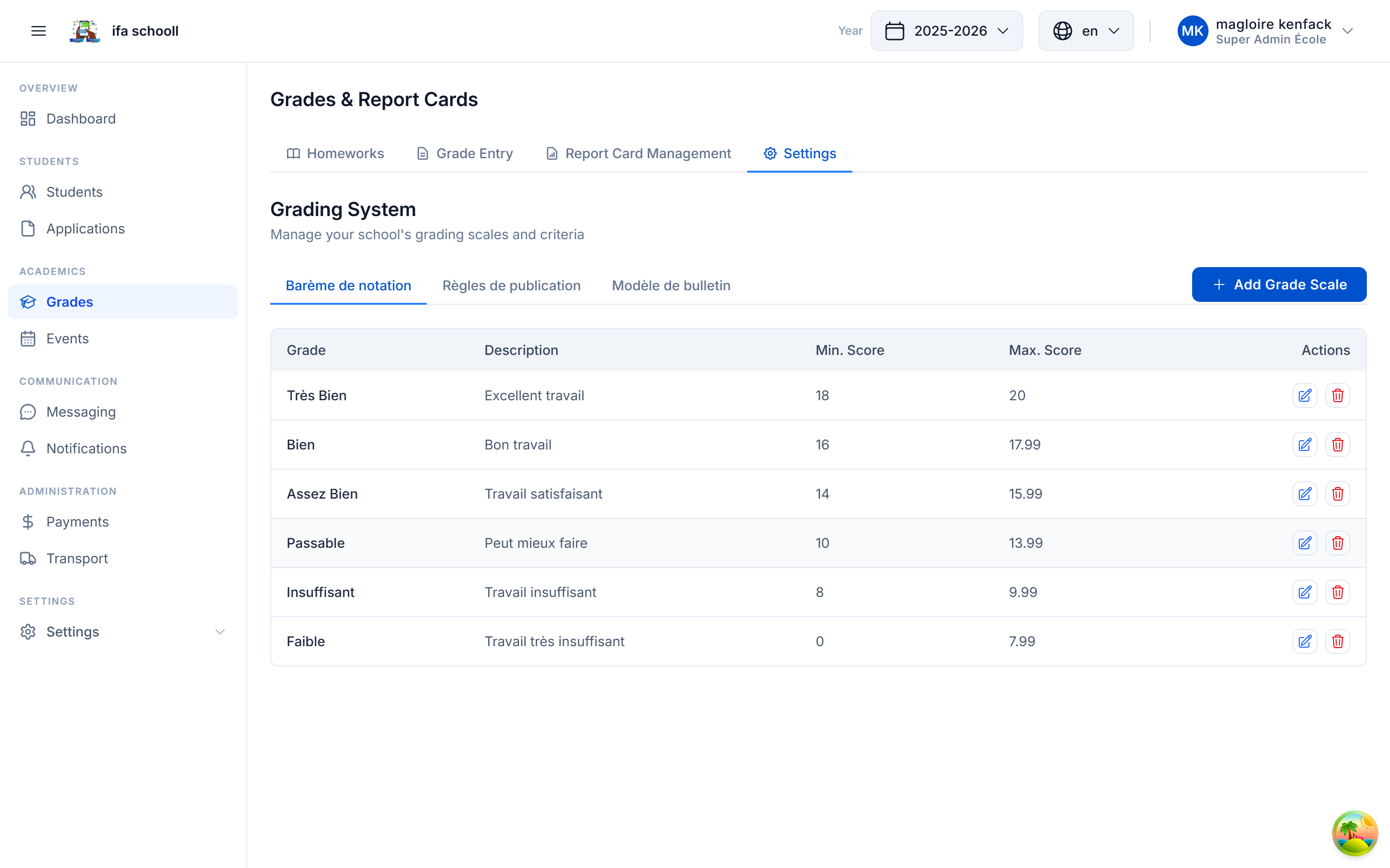 Grade and scale settings