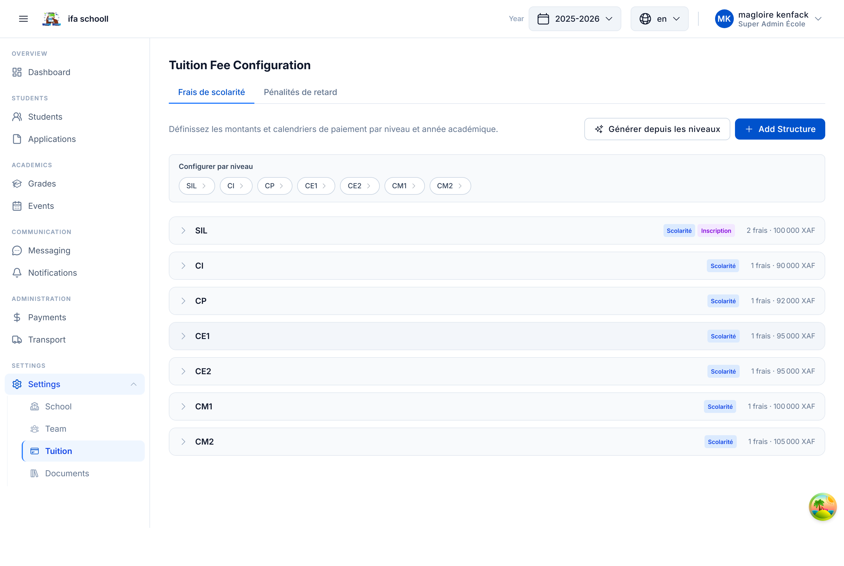Configuration des frais de scolarité