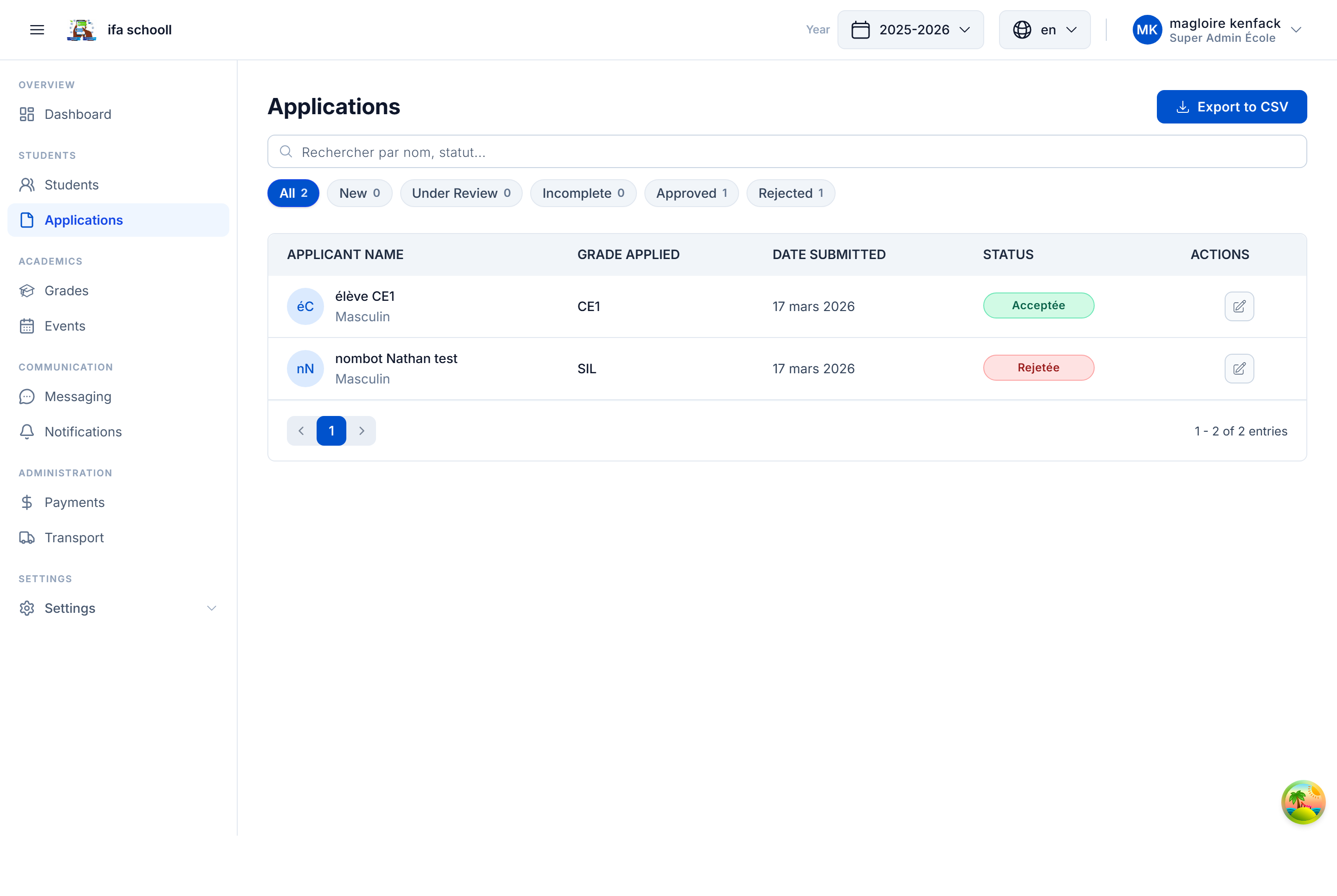 Liste des demandes d'inscription
