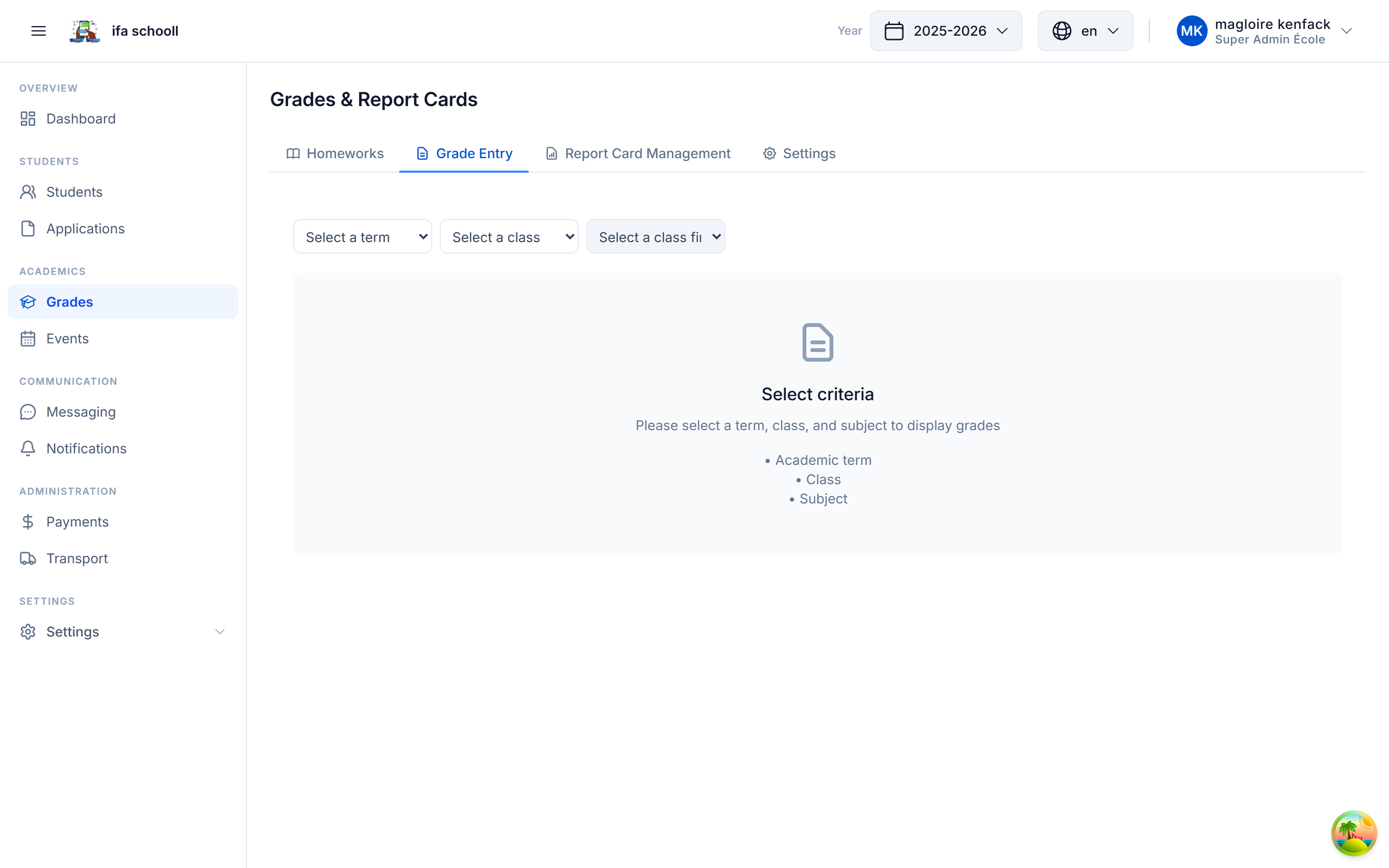 Saisie des notes — vue tableau