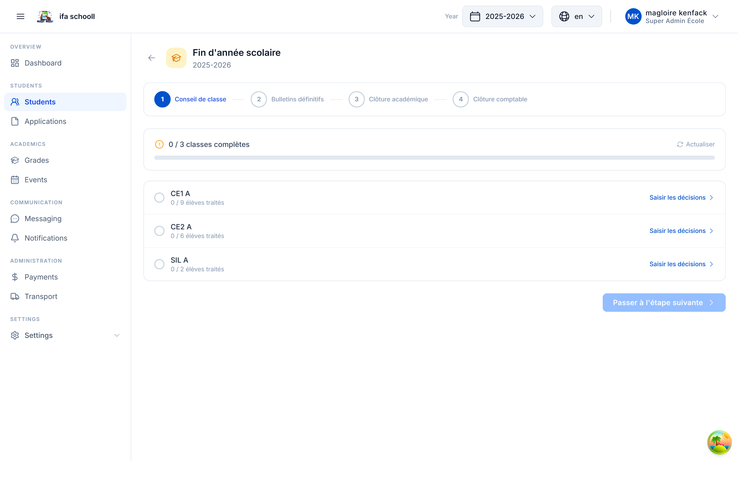 Tableau des décisions par élève